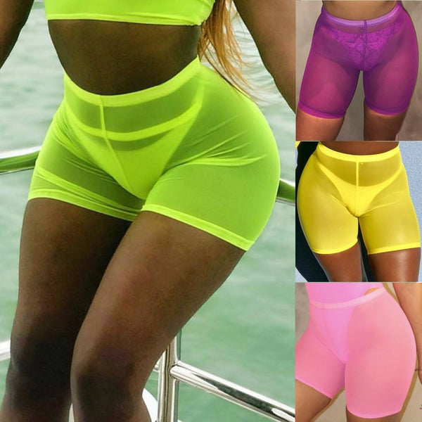 OMSJ New High Waist Women Sexy Neon Green Pink Perspective Mesh Sheer Swim Shorts Bikini Bottom Cover Up Solid Beachwear
