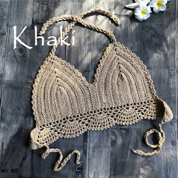 2019 New Bikini Top Handmade Crochet Women Boho Beach Bralette Solid Halter Knitted Swimsuit Brazilian Bikinis Bathing Suit Top