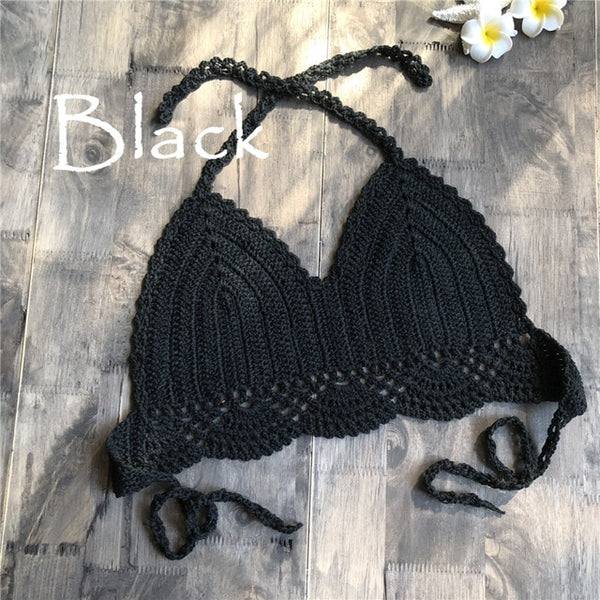 2019 New Bikini Top Handmade Crochet Women Boho Beach Bralette Solid Halter Knitted Swimsuit Brazilian Bikinis Bathing Suit Top