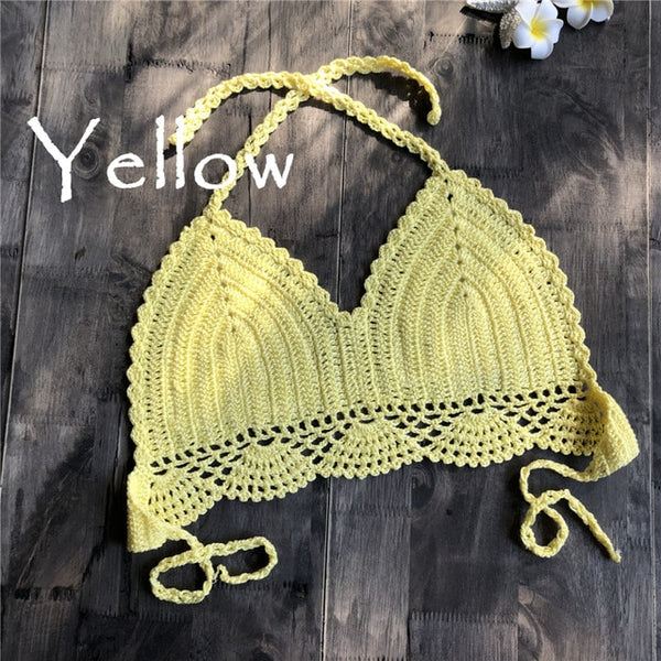 2019 New Bikini Top Handmade Crochet Women Boho Beach Bralette Solid Halter Knitted Swimsuit Brazilian Bikinis Bathing Suit Top