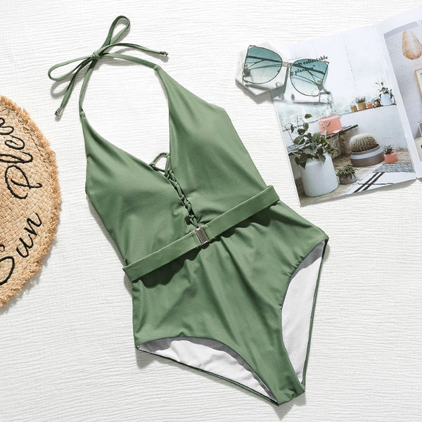 Mossha String halter bikinis 2020 mujer swimsuit fused female Lace up bodysuits one piece swimwear women High cut belt monokini