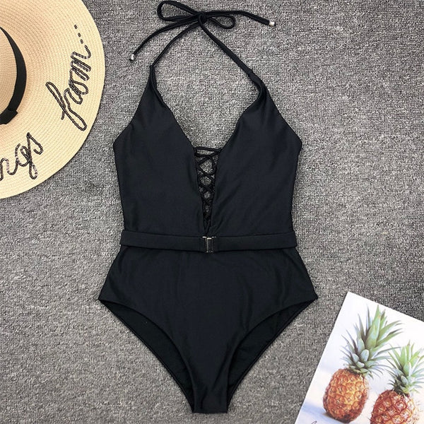 Mossha String halter bikinis 2020 mujer swimsuit fused female Lace up bodysuits one piece swimwear women High cut belt monokini