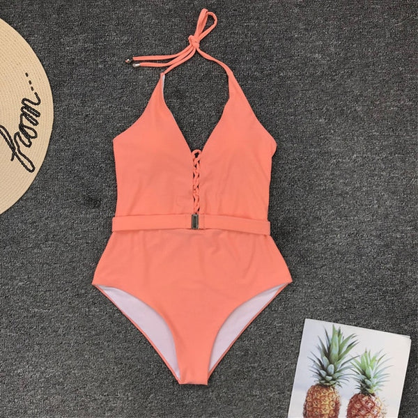 Mossha String halter bikinis 2020 mujer swimsuit fused female Lace up bodysuits one piece swimwear women High cut belt monokini