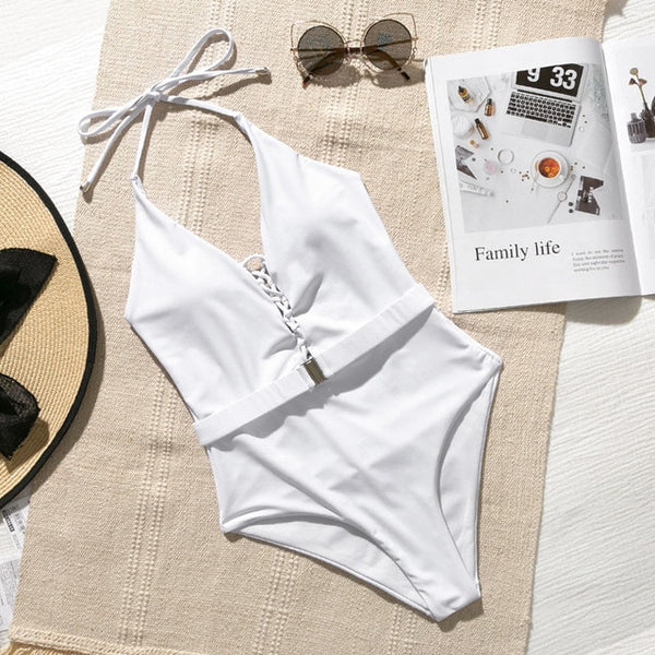 Mossha String halter bikinis 2020 mujer swimsuit fused female Lace up bodysuits one piece swimwear women High cut belt monokini