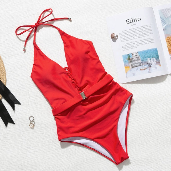 Mossha String halter bikinis 2020 mujer swimsuit fused female Lace up bodysuits one piece swimwear women High cut belt monokini