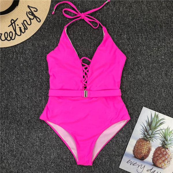Mossha String halter bikinis 2020 mujer swimsuit fused female Lace up bodysuits one piece swimwear women High cut belt monokini
