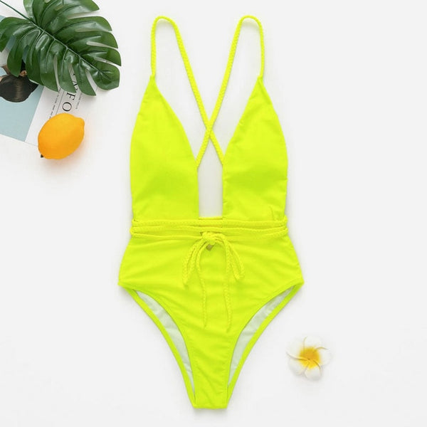 Mossha String halter bikinis 2020 mujer swimsuit fused female Lace up bodysuits one piece swimwear women High cut belt monokini