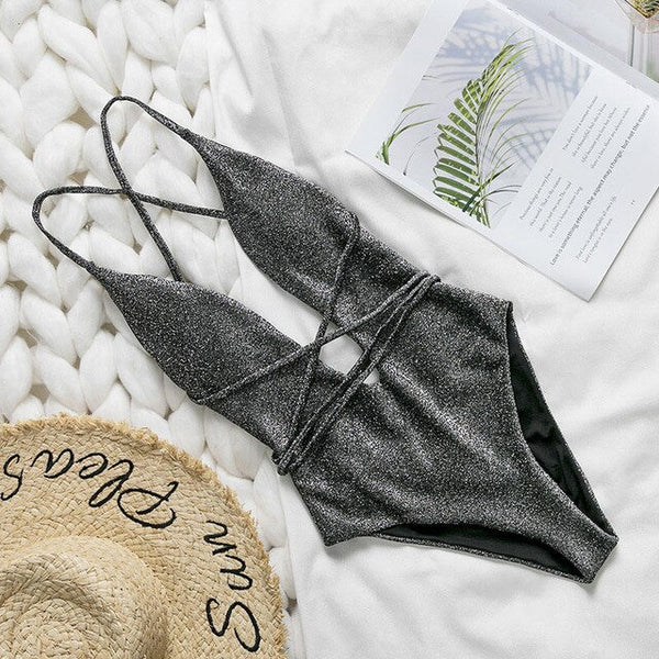 Mossha String halter bikinis 2020 mujer swimsuit fused female Lace up bodysuits one piece swimwear women High cut belt monokini