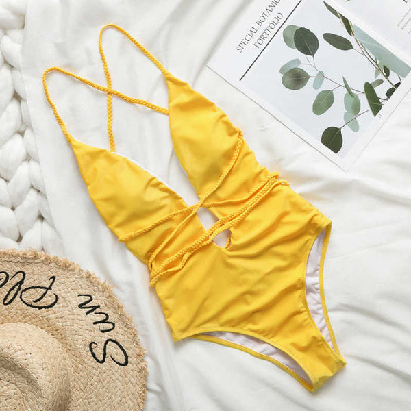 Mossha String halter bikinis 2020 mujer swimsuit fused female Lace up bodysuits one piece swimwear women High cut belt monokini