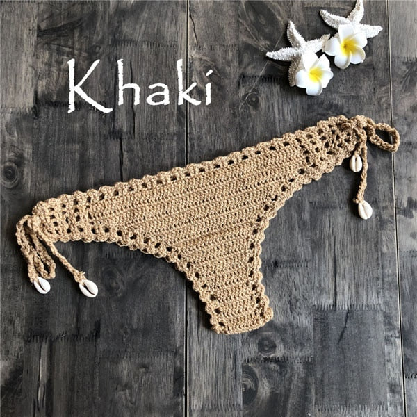 Women Sport Sexy Bikini Thong Handmade Crochet Swimwear Bikini Bottom Hollow-out Low Waist Bathing Suit