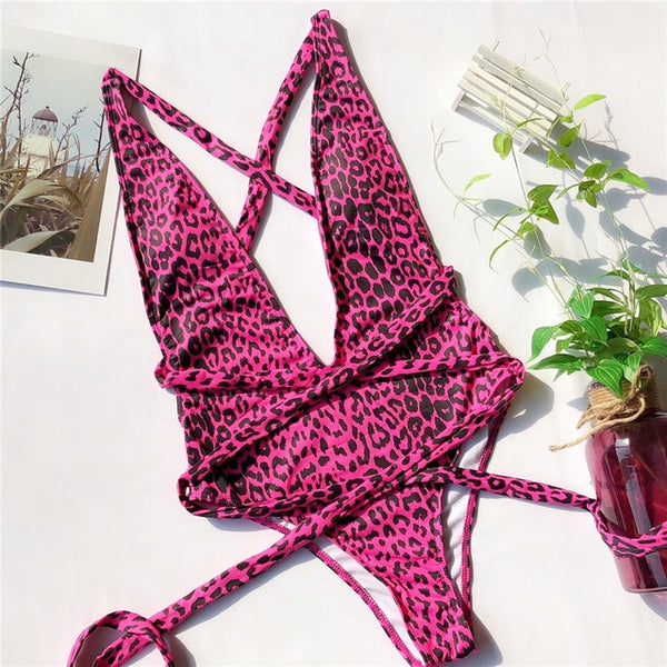 Peachtan Leopard print one piece swimsuit female Deep v-neck bikini 2020 Bandage bathing suit monokini swimwear women bathers