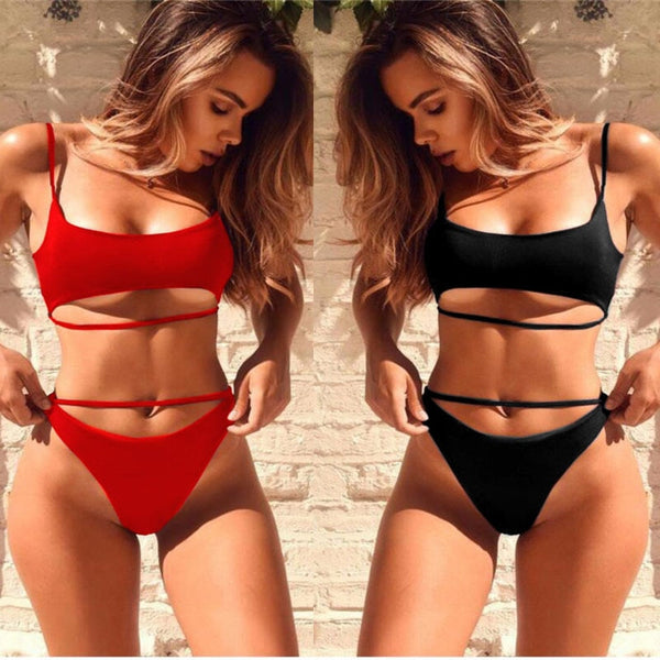 Sexy Bikini Set Women Solid Bandage Bikinis Hollow Swimwear Summer High Cut Swimsuit Tube Top Bathing Suit Female Beachwear