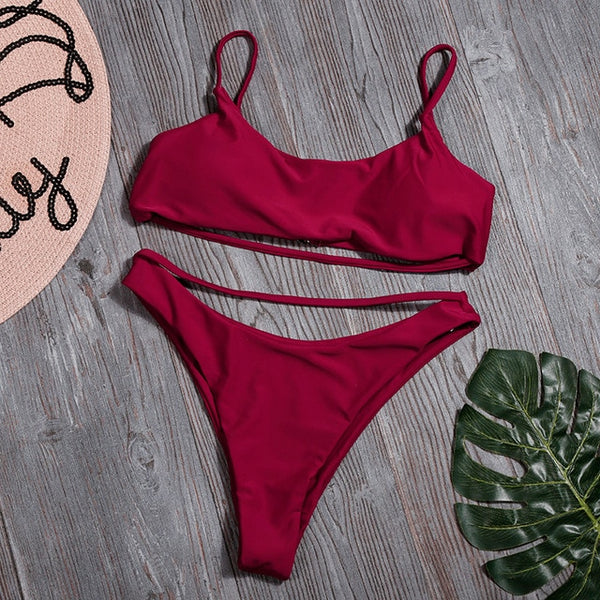 Sexy Bikini Set Women Solid Bandage Bikinis Hollow Swimwear Summer High Cut Swimsuit Tube Top Bathing Suit Female Beachwear