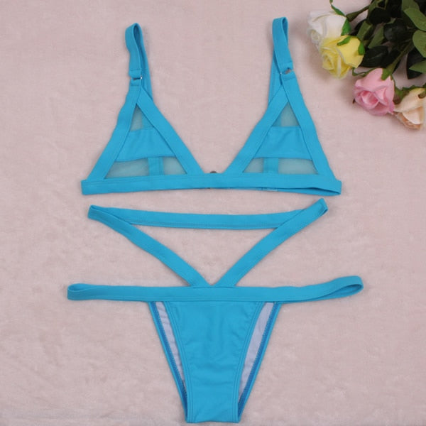 2019 Women's Sexy e Mesh Bikini Set Lace Hollow Out Tops Bandage Swimsuit Swimwear Sexy Mini String Thong