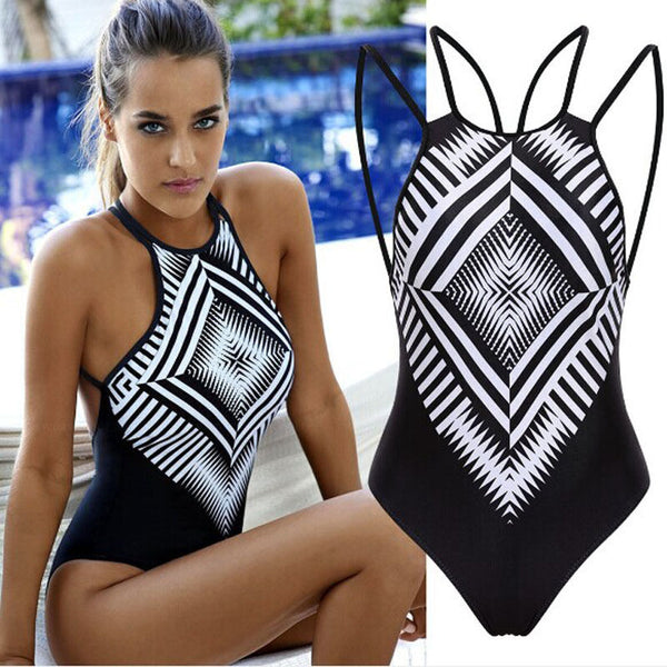Women Ladies One Piece Geometric Swimsuit Swimwear Backless Bandage Bathing Monokini Push Up Bikini Beachwear