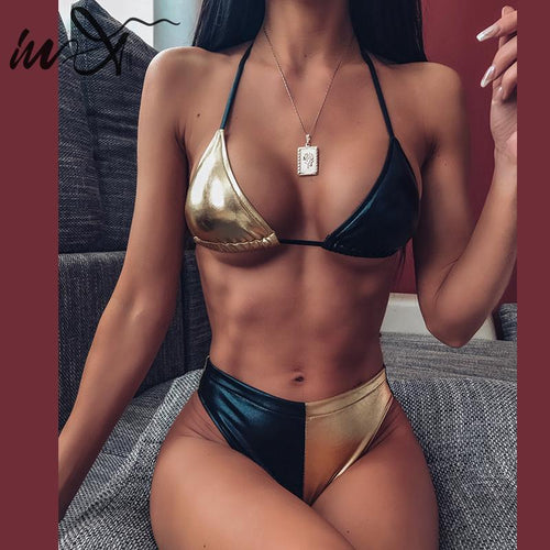 In-X Sexy high waist bikinis 2019 mujer Patchwork push up swimwear women bathers Halter top Triangle bathing suit Swimming suit