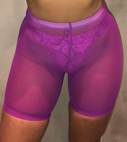 OMSJ New High Waist Women Sexy Neon Green Pink Perspective Mesh Sheer Swim Shorts Bikini Bottom Cover Up Solid Beachwear