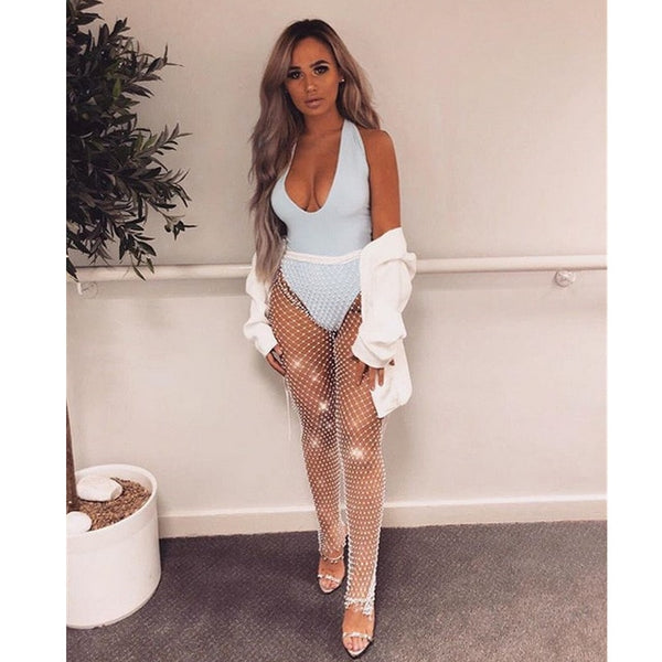 Mujeres Bikini cristal ostentoso Tops superiores Sexy Fishnet Hollow Out ver a través traje de baño Tops negro blanco